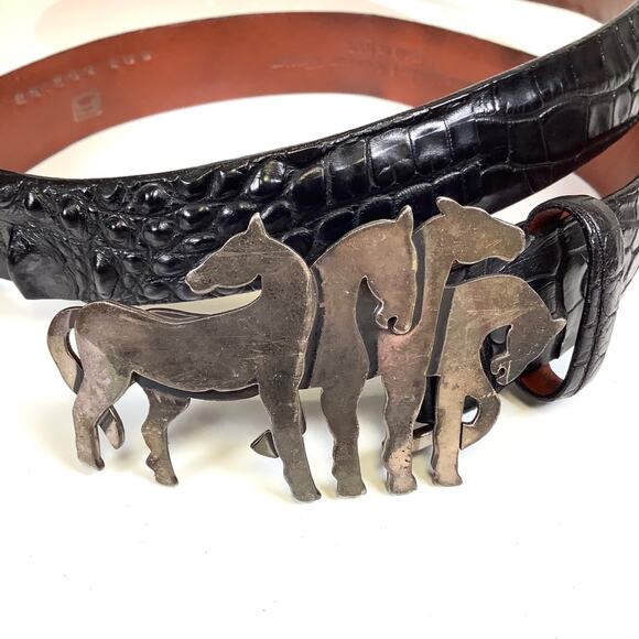 Pat Areias 925 Sterling Silver Stamped Equestrian Buckle Alligator Black Belt 38 - Picture 1 of 16